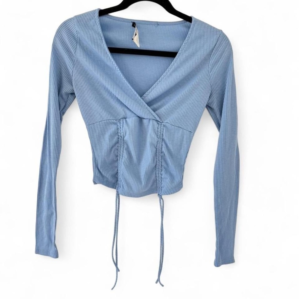 Fashion Nova Women's Fitted Ribbed Knit Crop Blue Top Long‎ Sleeve Size Small - Picture 2 of 4
